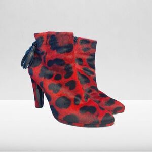 Stuart Weitzman Backflip Red Leopard Calf Hair Pointed Toe Ankle Booties